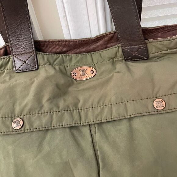 Celine Vintage Reversible Green Nylon & Brown Canvas Tote Shoulder Bag medium - Picture 3 of 12